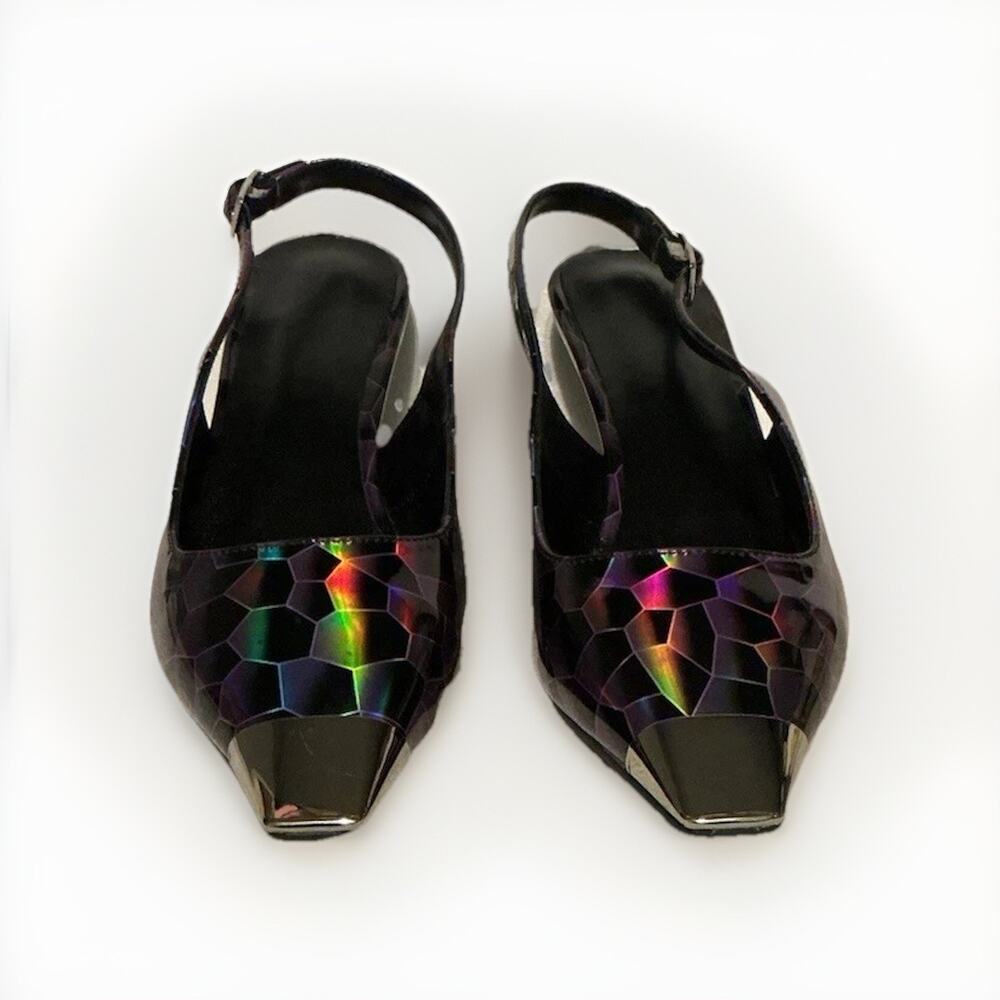 Women’s Iridescent Metallic Slingback Black Heels Pointed Toe SZ 7 New
